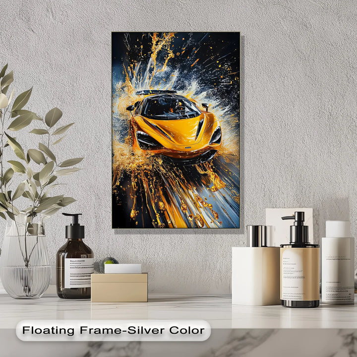 Velocity Splash – Yellow Supercar in Liquid Motion Canvas Print - MyPhotoStation