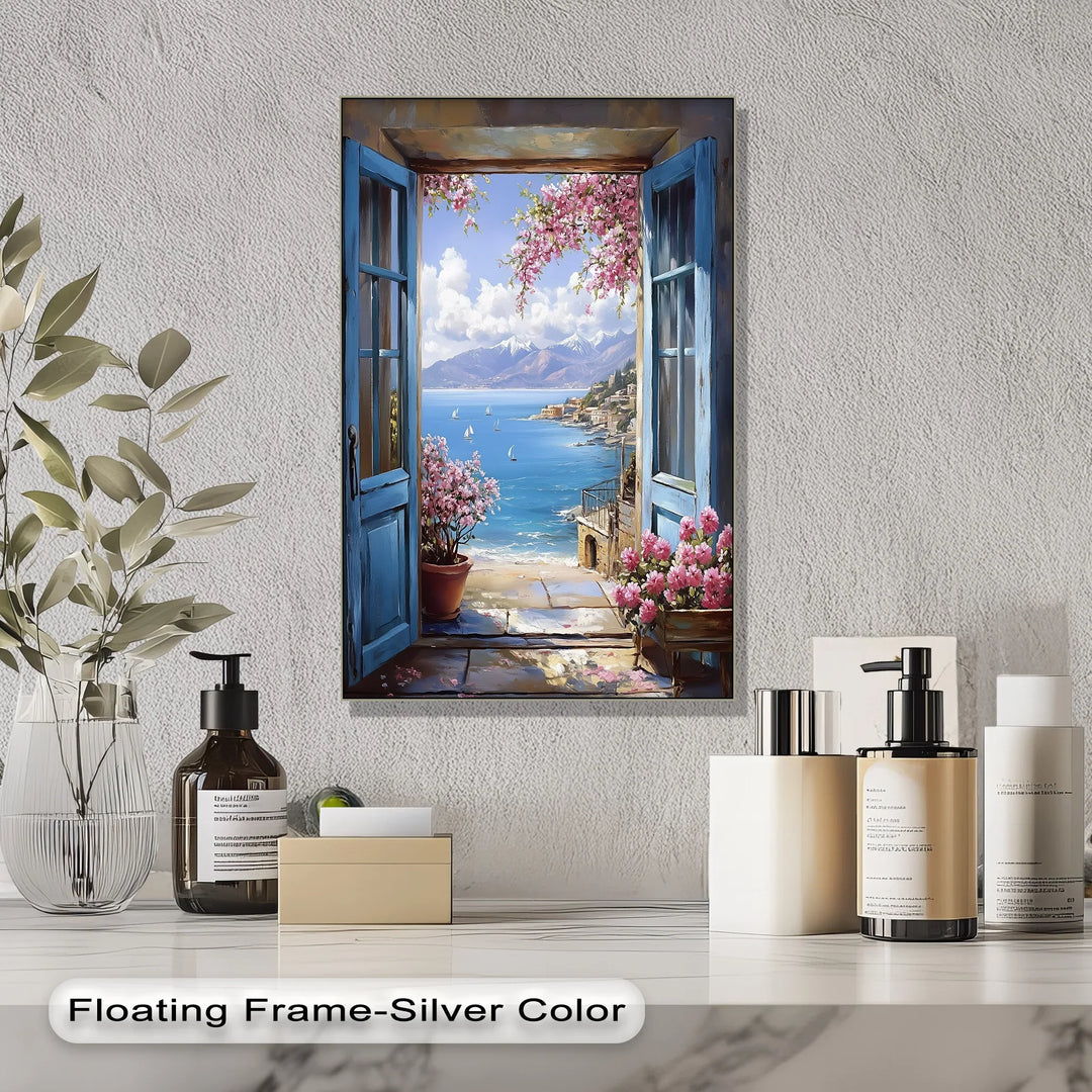 Mediterranean View – Open Window with Coastal Seascape Canvas Print - MyPhotoStation