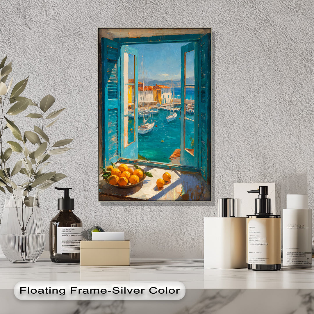Against the textured wall, this Mediterranean harbor window canvas print reveals a unique canvas print perspective with its scenic coastal village backdrop.