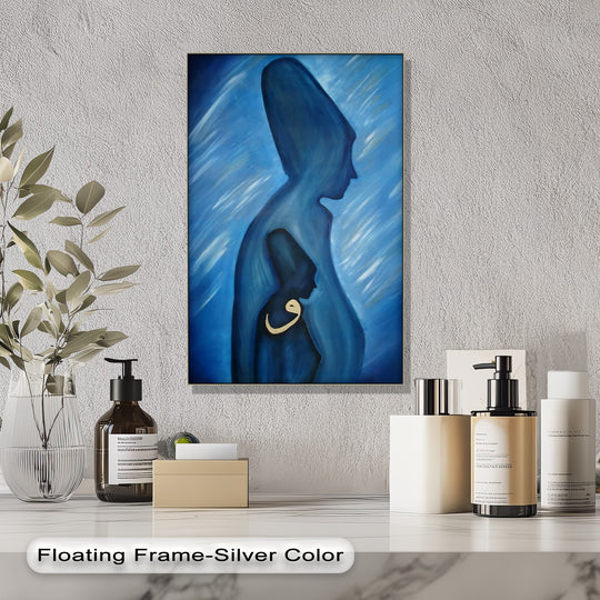 Soft shades of blue in the abstract background create a serene mood for this framed blue Islamic canvas wall art of an eternal, silent figure.