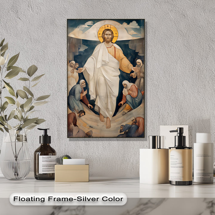 The smooth, refined surface texture of the Resurrection of Christ canvas art prints highlights the iconic artwork against a rough wall.