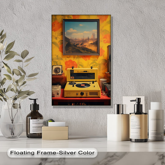 The stillness of the canvas wall art print showcases a retro turntable paired with a futuristic landscape, evoking a vintage yet serene atmosphere.