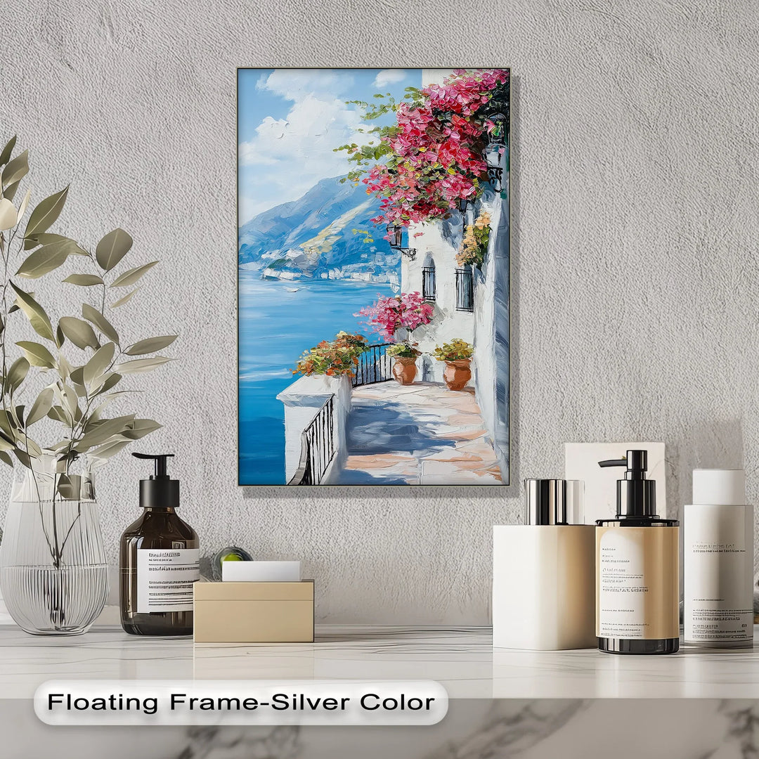 Sunlit Balcony by the Amalfi – Seaside Floral Canvas Print
