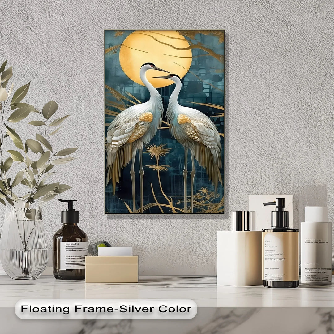 Moonlit Elegance – Golden Cranes Under Full Moon Canvas Print - MyPhotoStation