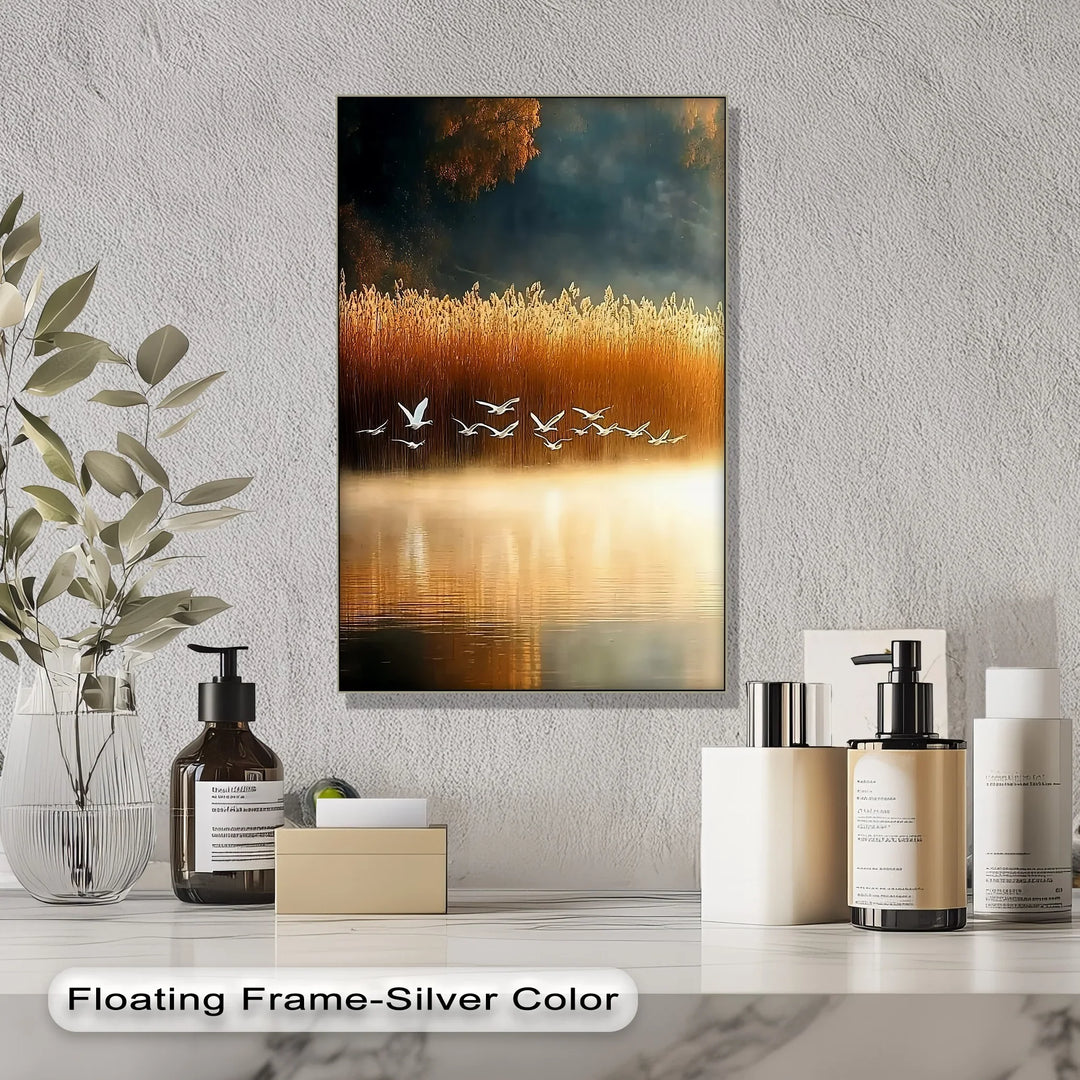 Golden Flight – Tranquil Birds at Sunset Canvas Print - MyPhotoStation