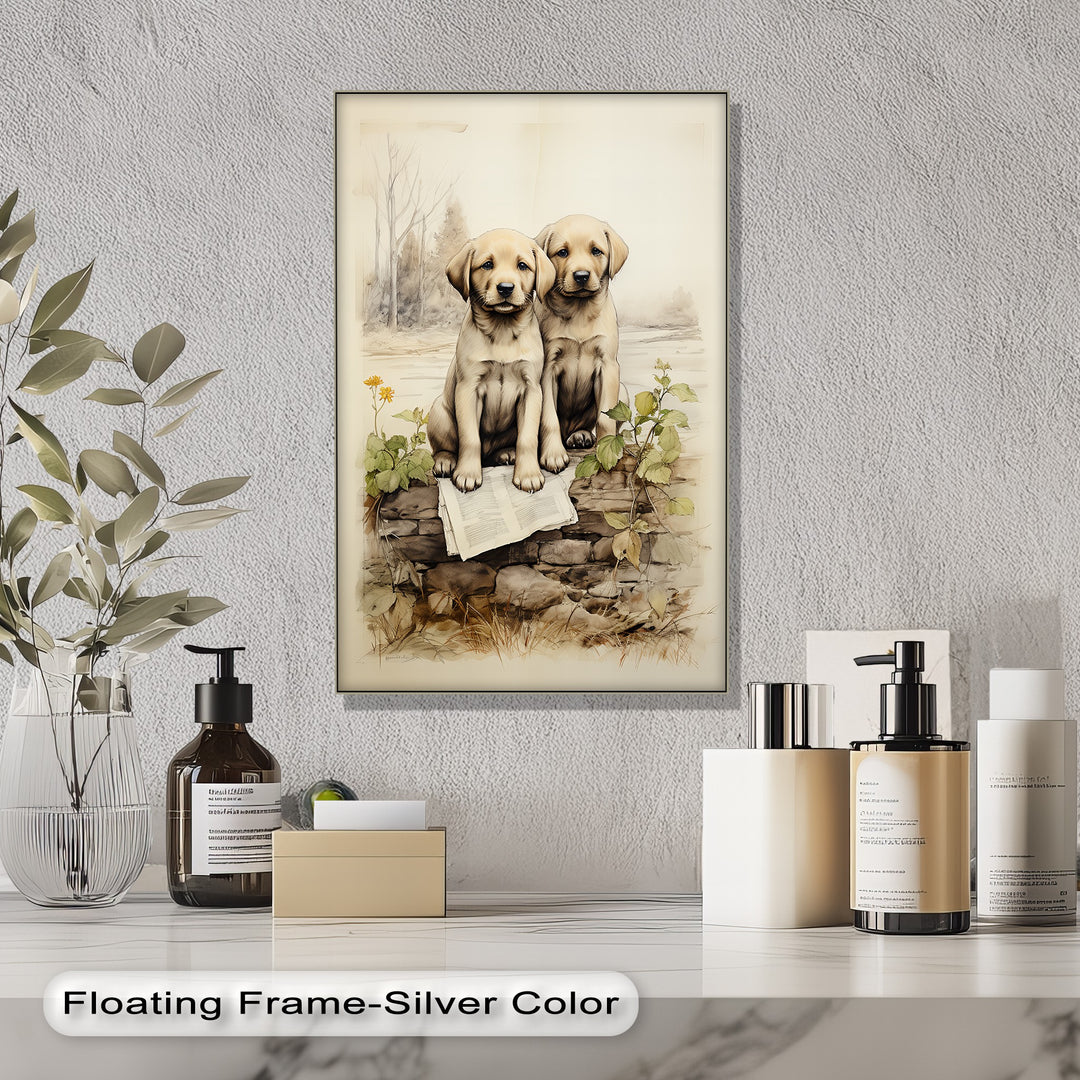 Stone Wall Puppies – Vintage Nature Scene Puppies Canvas Print
