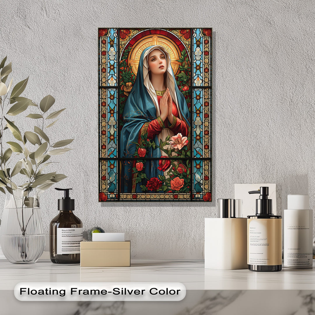 Geometric patterns in this religious stained glass best canvas prints form precise rectangular sections and curvilinear floral motifs, framing the praying figure.