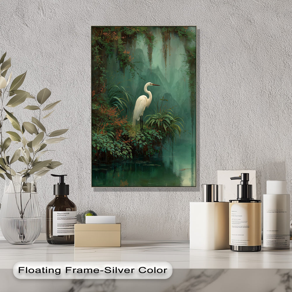 Darkest areas define the moody jungle's edge in this premium canvas decor featuring a white heron and lush tropical foliage, a captivating piece of wildlife wall art.