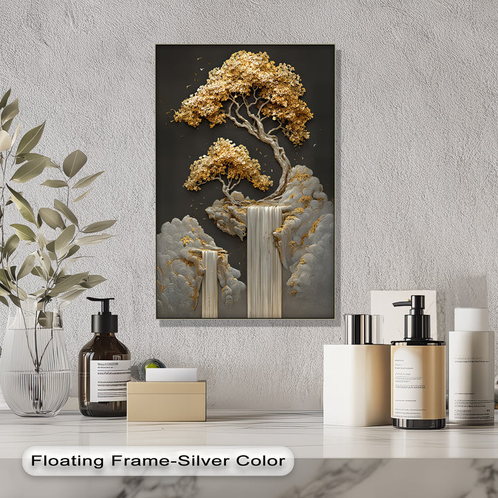 Golden Cascades – Abstract Tree and Waterfall Canvas Print