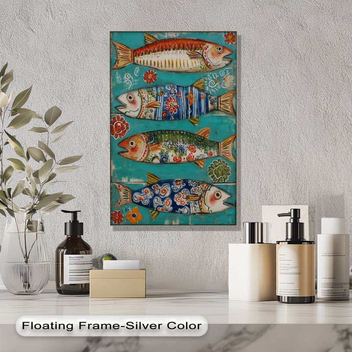 The edge of this colorful folk fish canvas print features a sleek border highlighting the best canvas prints with a coastal decorative fish wall art design.