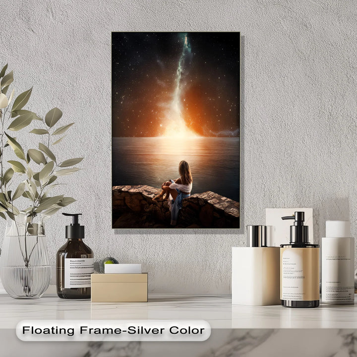 Cosmic Reflection – Stargazing Woman by the Ocean Canvas Print