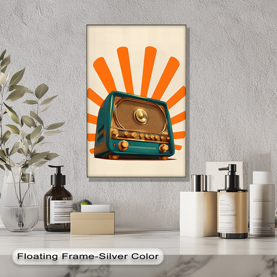 Bold teal and gold hues make this Retro Radiance canvas painting the loudest element in a classic canvas print of a vintage radio with an orange sunburst.