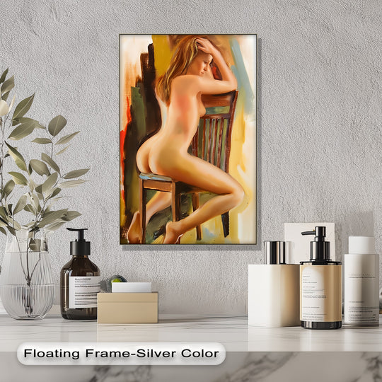 Illuminated by the light, the canvas wall art features a seated nude figure in the erotic 'Golden Silence' print, with warm tones highlighting the sensual contours.