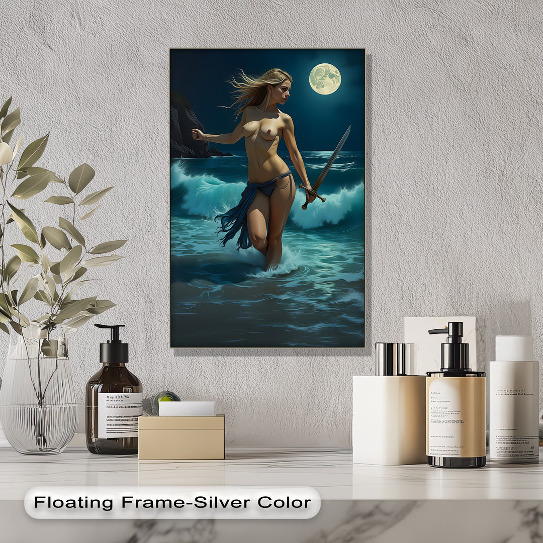 Moonlit Warrior – Sword-Wielding Nude Canvas Wall Art | Abstract Art