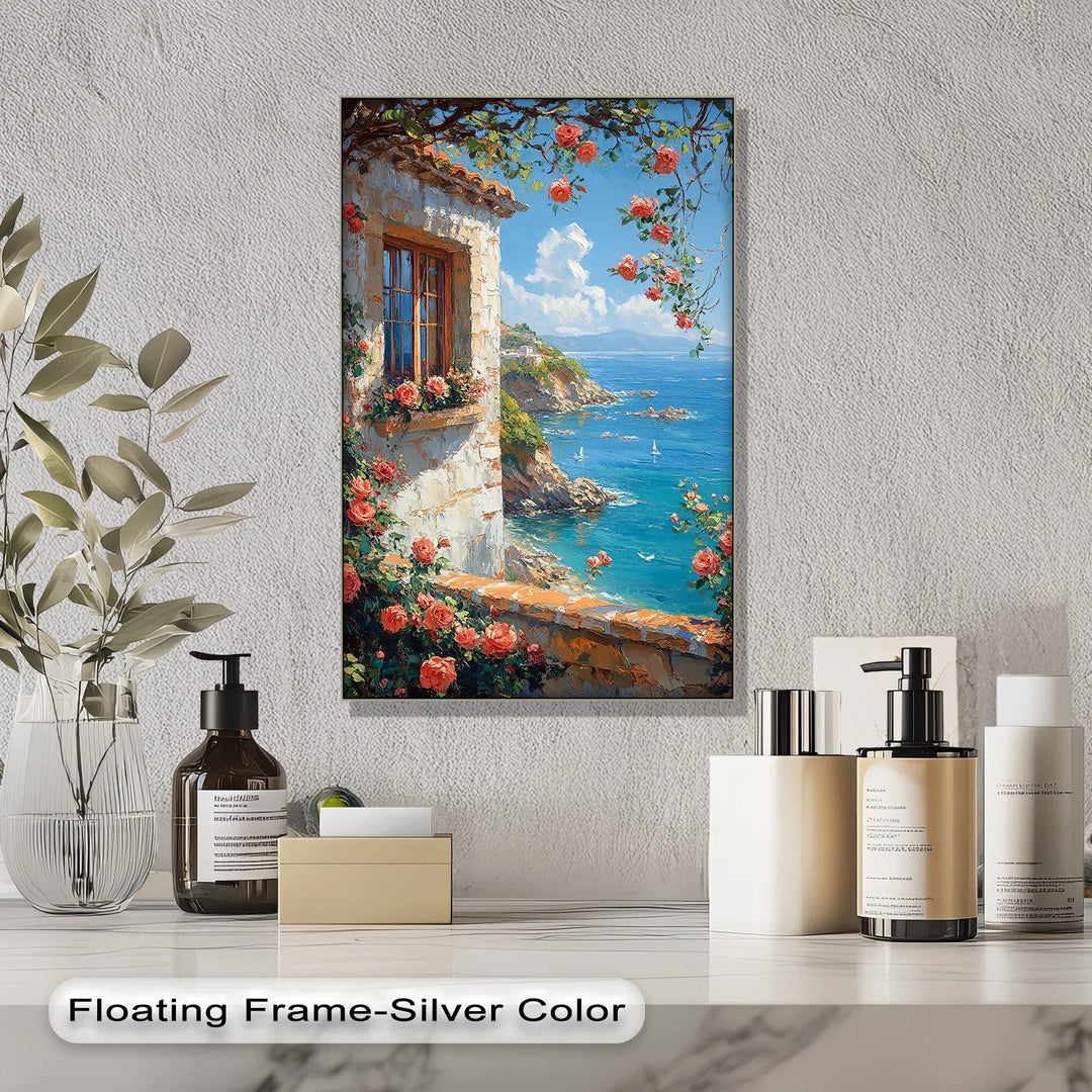 Seaside Roses View – Mediterranean Coast Window Canvas Print - MyPhotoStation
