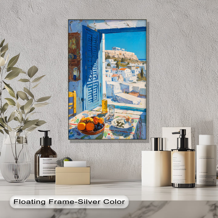 Oranges and grapes seem soft in this Greek window view canvas art print featuring a bright Mediterranean landscape as decorative canvas art prints.