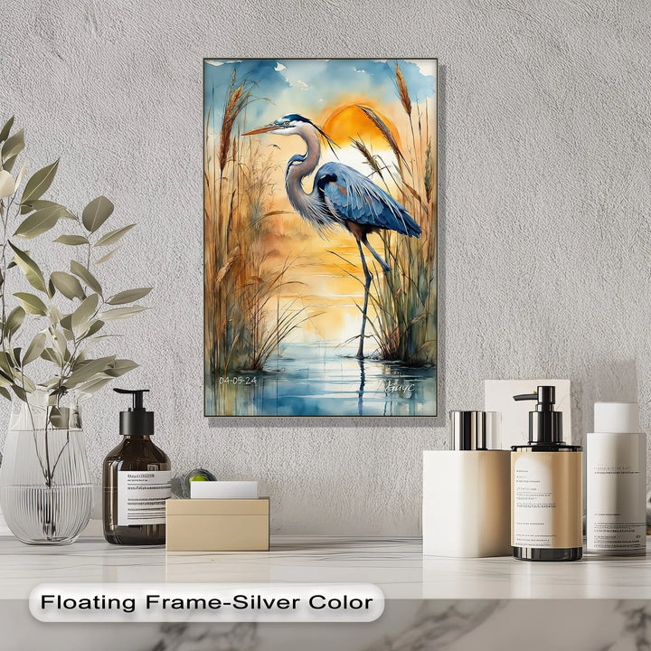 Majestic Blue Heron at Sunset – Serene Waterscape Canvas Print - MyPhotoStation