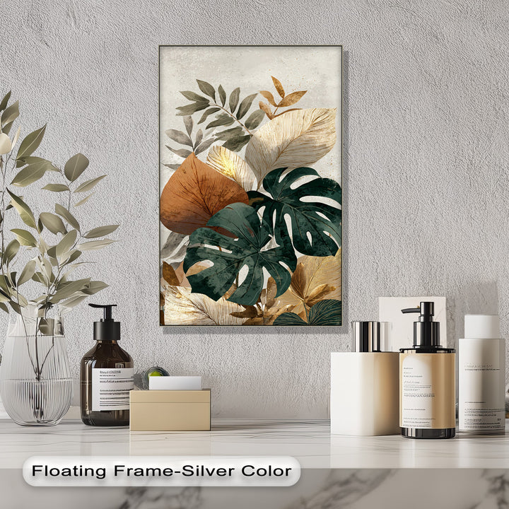 Transitioning hues define the layered botanical monstera leaves in this neutral tropical leaf **canvas art**, a modern framed canvas print with earthy elegance.