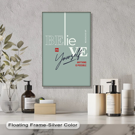 Showing depth and layers, the inspirational Believe in Yourself canvas wall art features motivational typography as a modern canvas wall art print.
