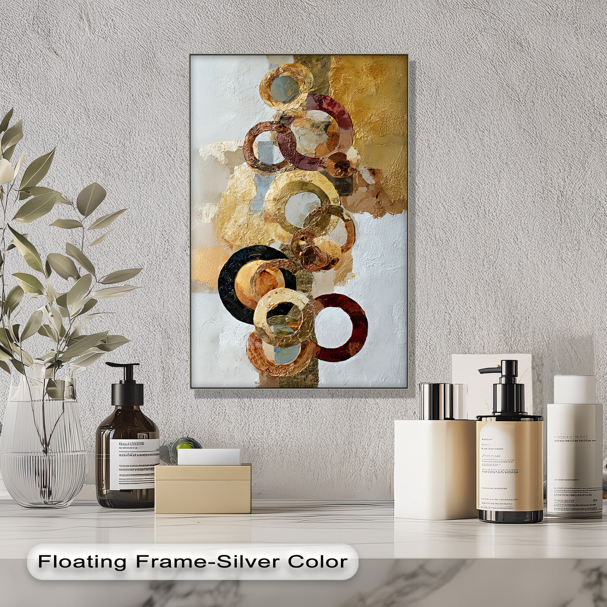 The darkest area reveals the textural depth of the Gilded Motion abstract canvas art prints, an intriguing blend of layered gold rings that adds visual interest.