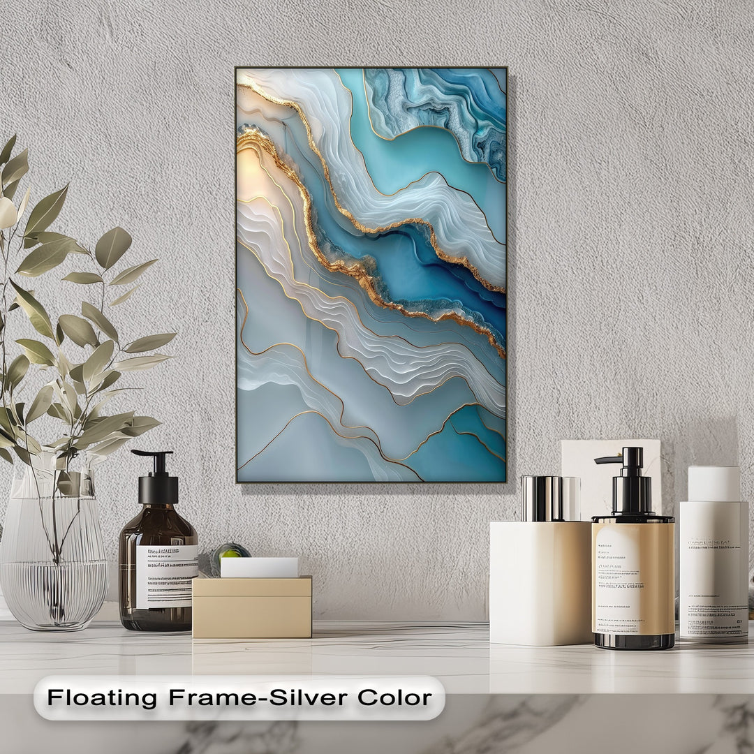 Soft, fluid white and turquoise layers with delicate gold veins form a unique canvas print of luxury abstract marble art.