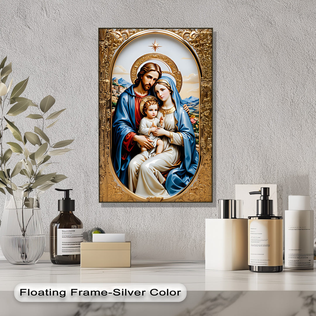 A vertically oriented rectangular best canvas print showcases the Holy Family, framed by ornate Christian gold religious wall art.