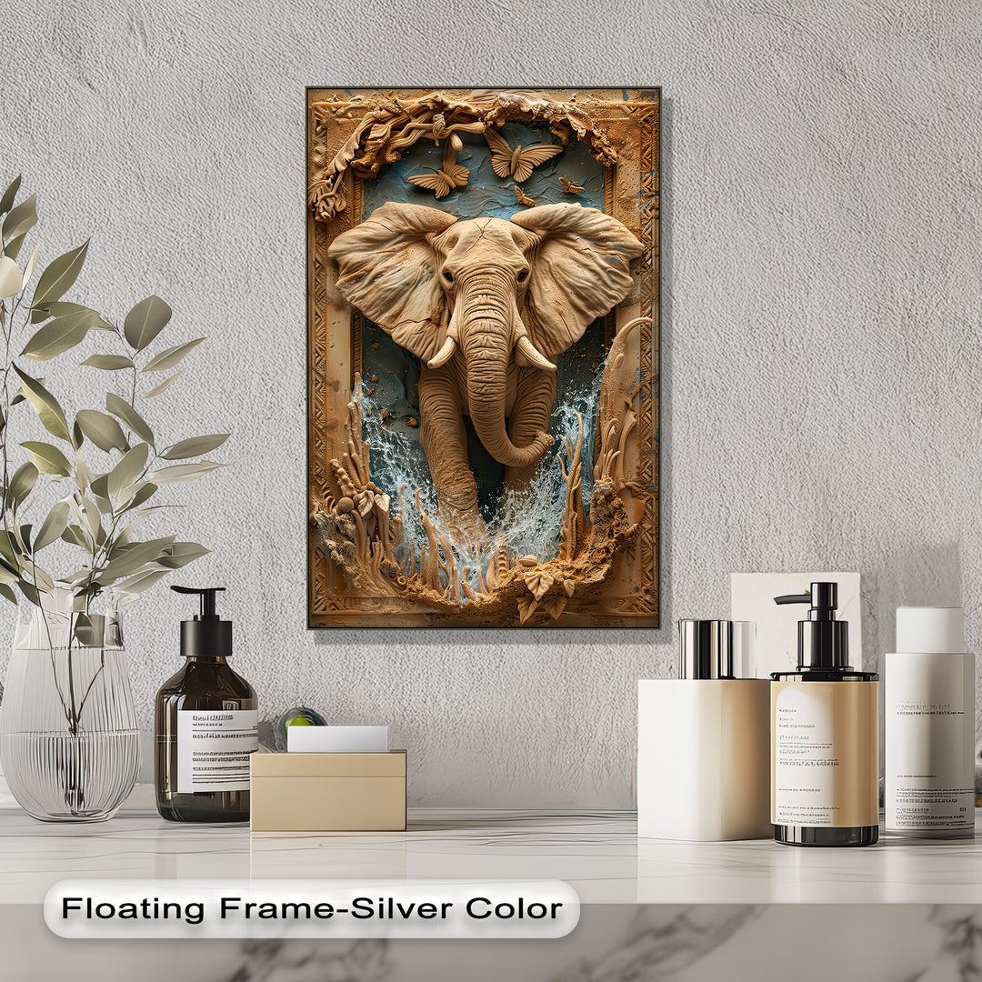 The realistic detail in this majestic elephant canvas artwork shows lifelike splashing water, intricately carved butterflies, and an ornate frame.