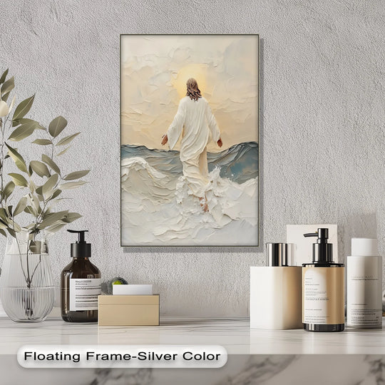 Gentle light emanates from the inspirational canvas pictures of Jesus walking on water, bringing serenity and a calming presence to the artwork.
