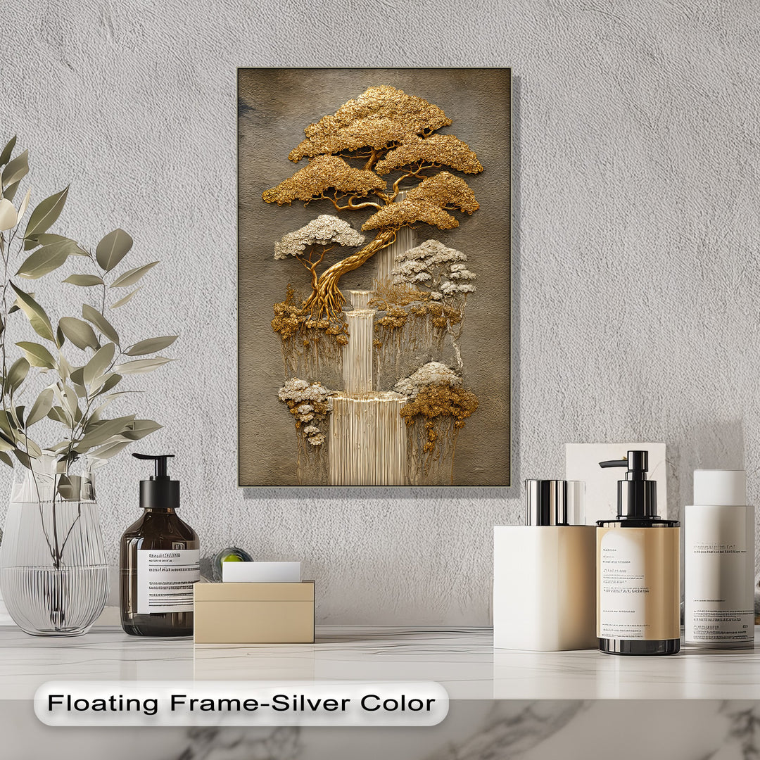 Golden Harmony – Layered Bonsai Trees and Waterfall Canvas Print