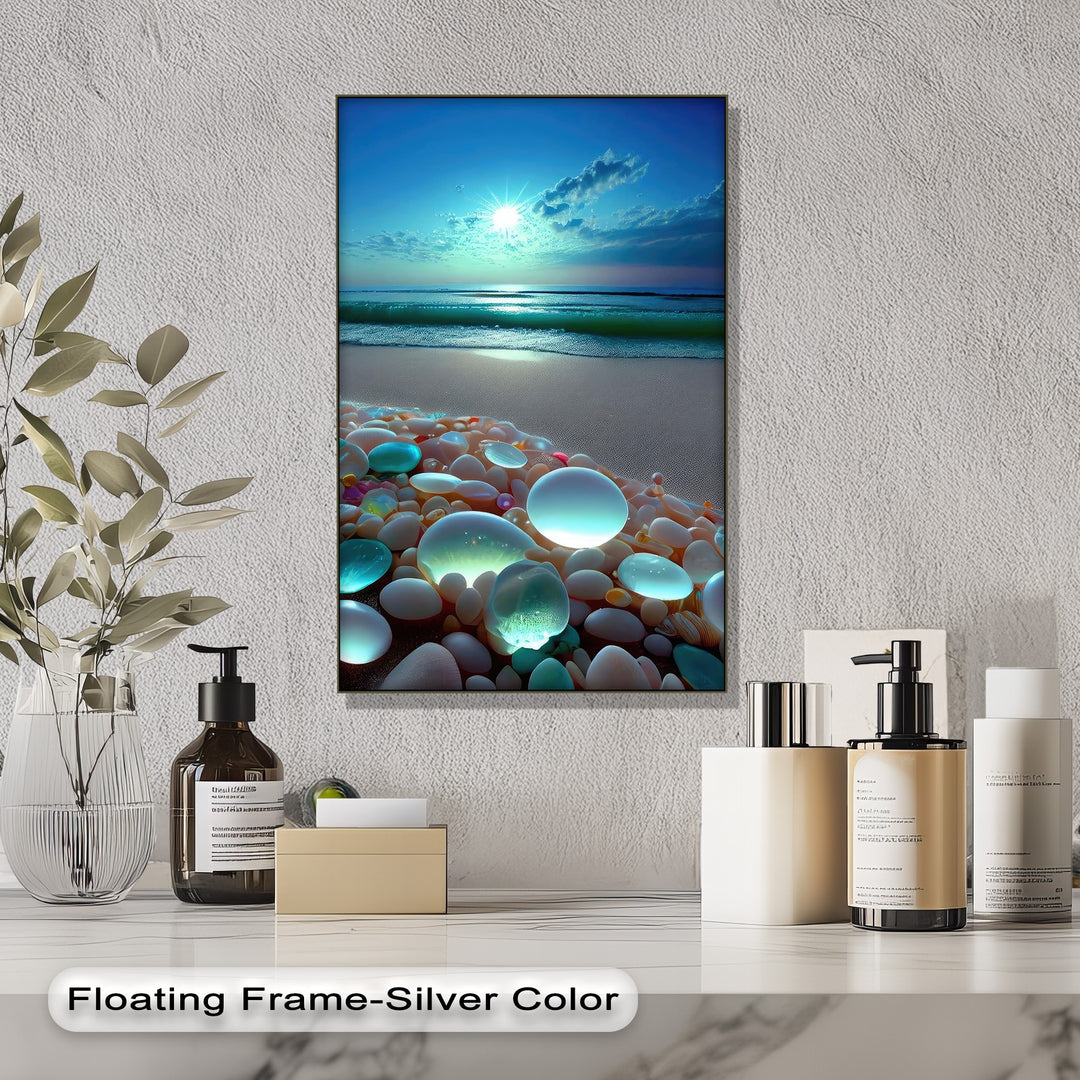 The textured white wall, serving as a clean backdrop, enhances the vivid colors of the unique canvas print featuring a glowing pebble beach.