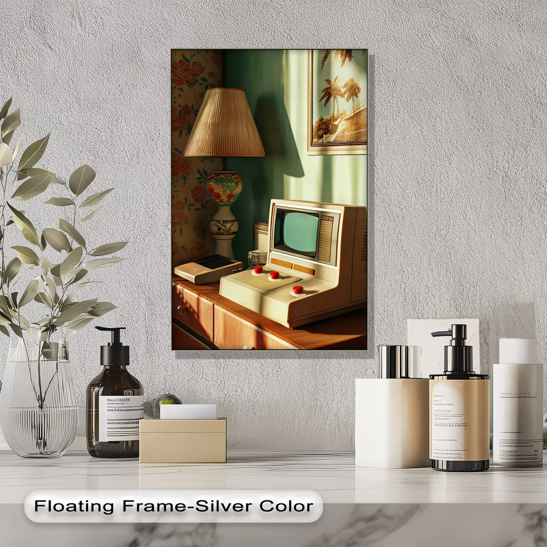 Vintage Computer with Lamp – Retro Style Canvas Print