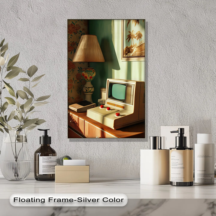Vintage Computer with Lamp – Retro Style Canvas Print