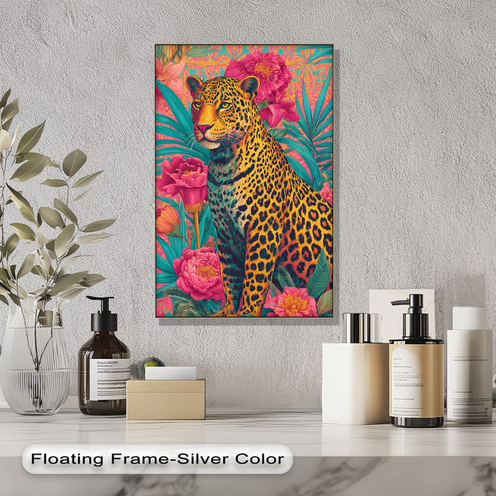 Regal Jungle Majesty – Vibrant Leopard in Floral Canvas Print