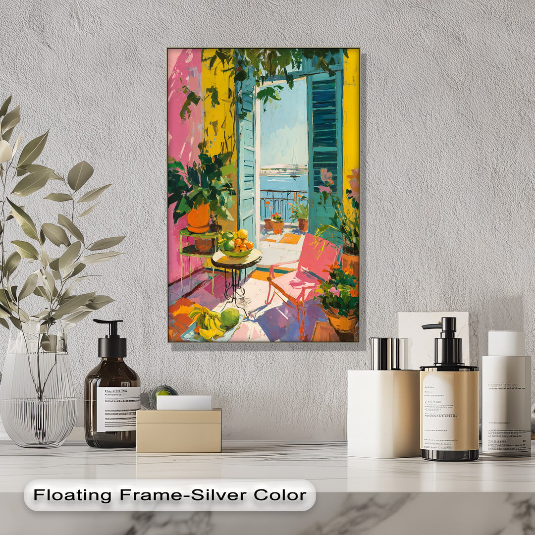 Visual rhythm is achieved in this colorful mediterranean balcony canvas print through repeating shapes and contrasting hues within this big canvas prints wall art.