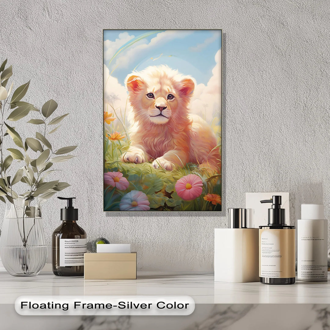 Innocent Majesty – Baby Lion Cub in Blooming Field Animal Canvas Print - MyPhotoStation