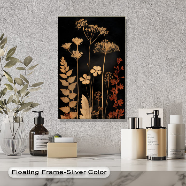 Layered depth of the elegant botanical silhouette art is enhanced with the unique canvas print of golden floral stems against a dark background.
