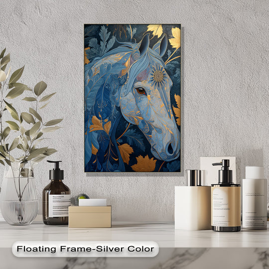 Canvas and giclee prints feature noble horses in abstract and contemporary designs.Ornamental blue horse canvas print detailed with golden floral accents and a luxurious artistic design