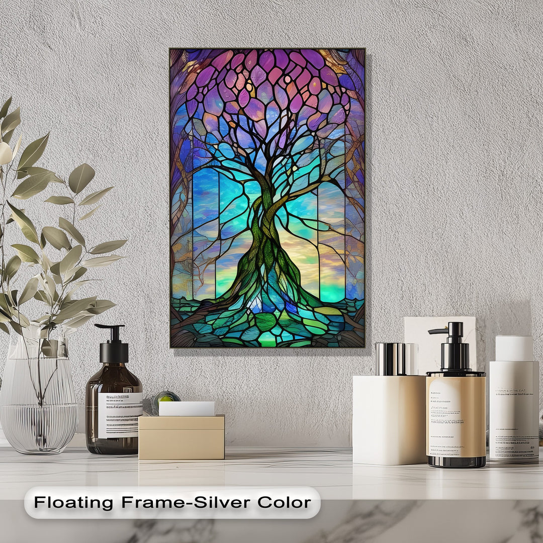 Visual rhythm vibrantly flows through this premium canvas decor, a colorful stained glass tree with purple and turquoise nature wall art.