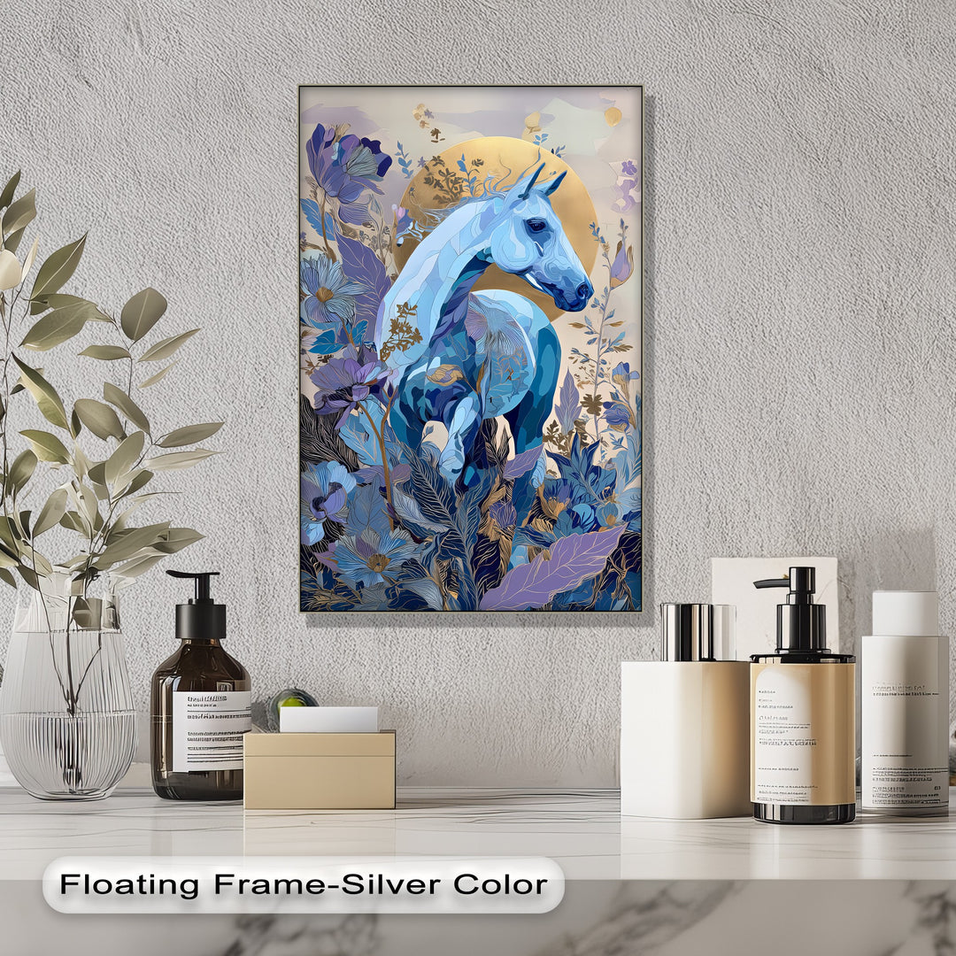 Celestial Bloom – Blue Horse in Golden Floral Fantasy Canvas Print