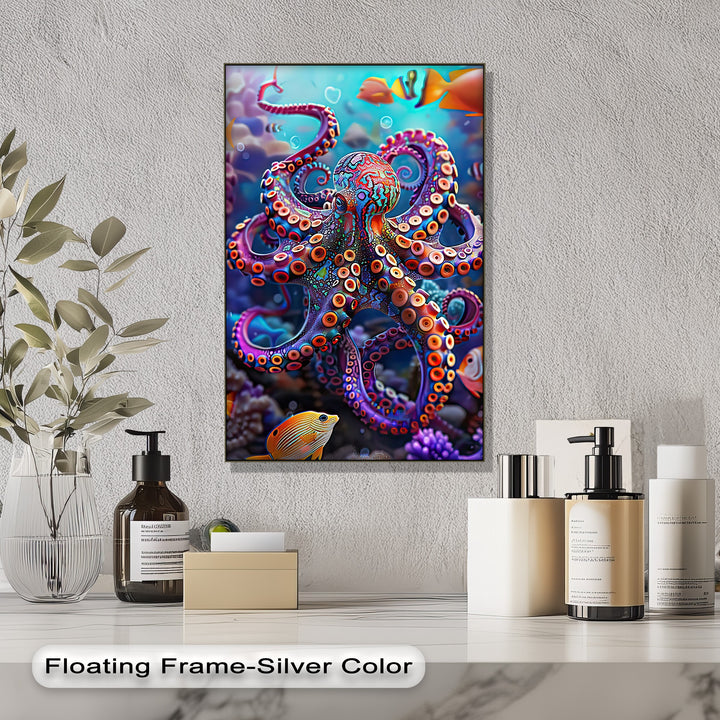 The vibrant tentacles of the colorful octopus in this framed canvas create a dynamic visual rhythm amidst tropical fish and coral.