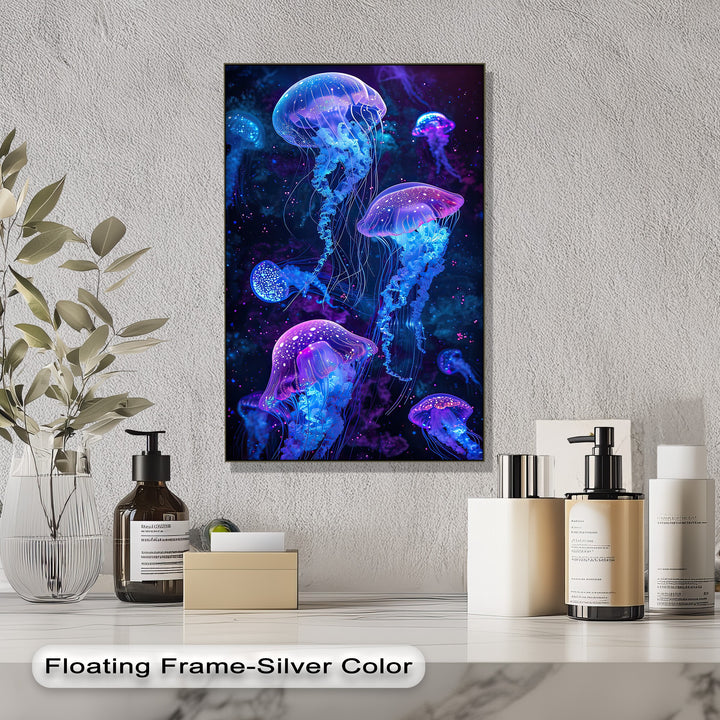 Vibrant neon jellyfish high quality canvas prints illuminate the space with their mesmerizing blue and purple glow, creating an ethereal ocean scene.