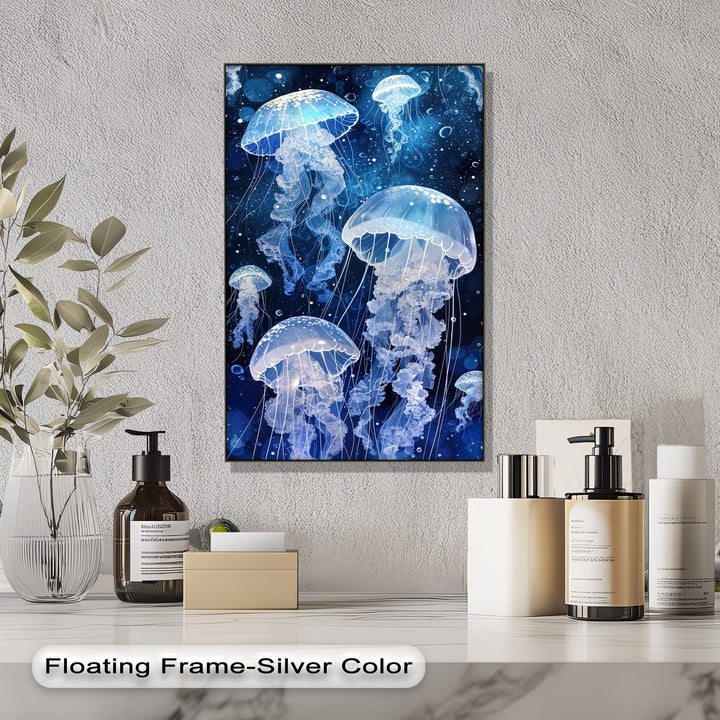 The brightest area highlights the luminous, translucent jellyfish gracefully floating in the deep blue ocean, making it one of the best canvas prints.