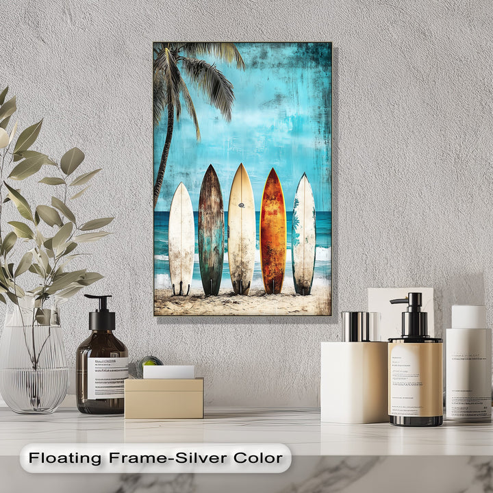Bold tones meet coastal chill in this framed canvas surf scene.

