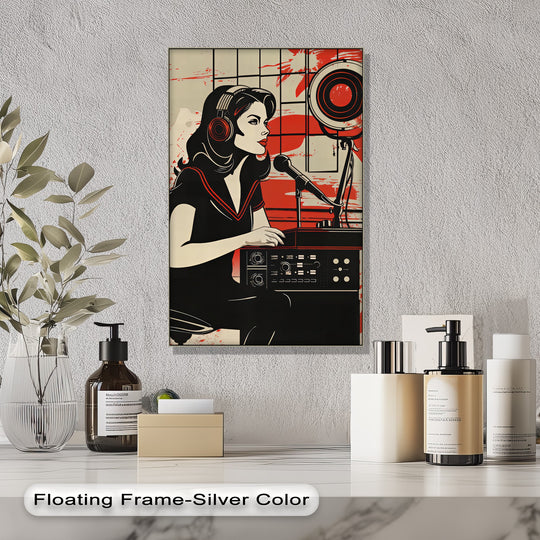 The focal point of this Radio Rebel retro canvas print features the best canvas prints showcasing a vintage female DJ illustration in bold red and black.