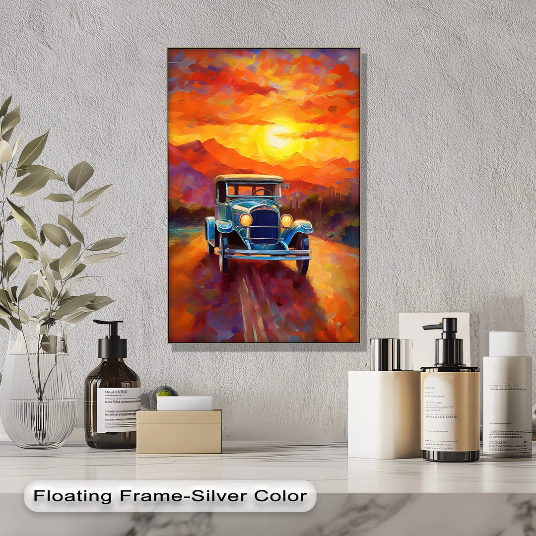 Sunset Journey – Vintage Car on Painted Desert Road Canvas Print - MyPhotoStation