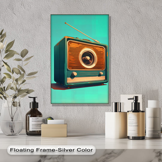 High color saturation makes the signal revival vintage radio abstract canvas wall decor stand out with its orange and teal color palette.
