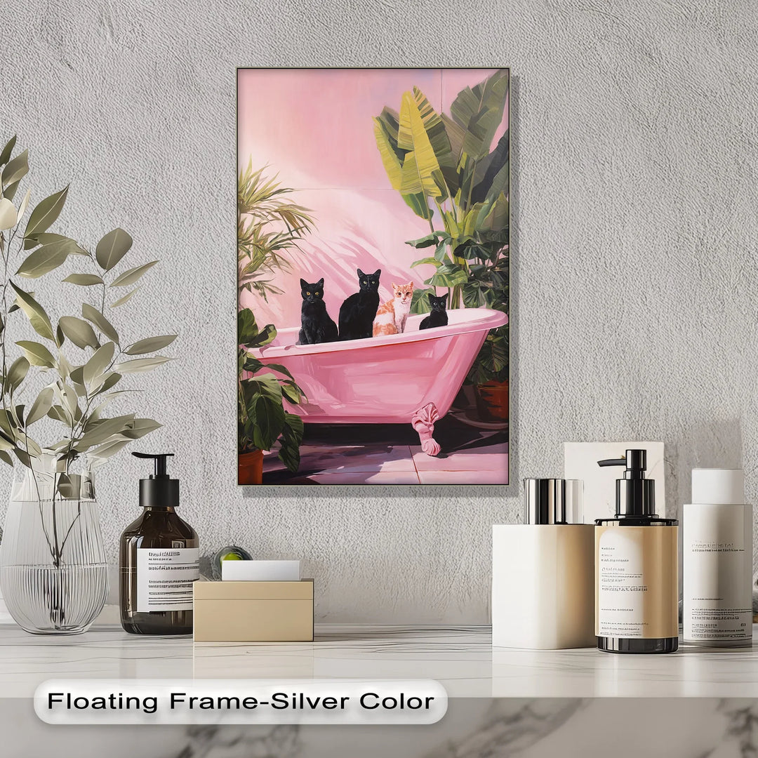 Four Cats in a Pink Bathtub – Playful Botanical Canvas Print - MyPhotoStation