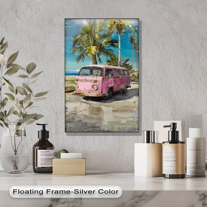 Pink Paradise Ride – Vintage Van by the Beach Canvas Print