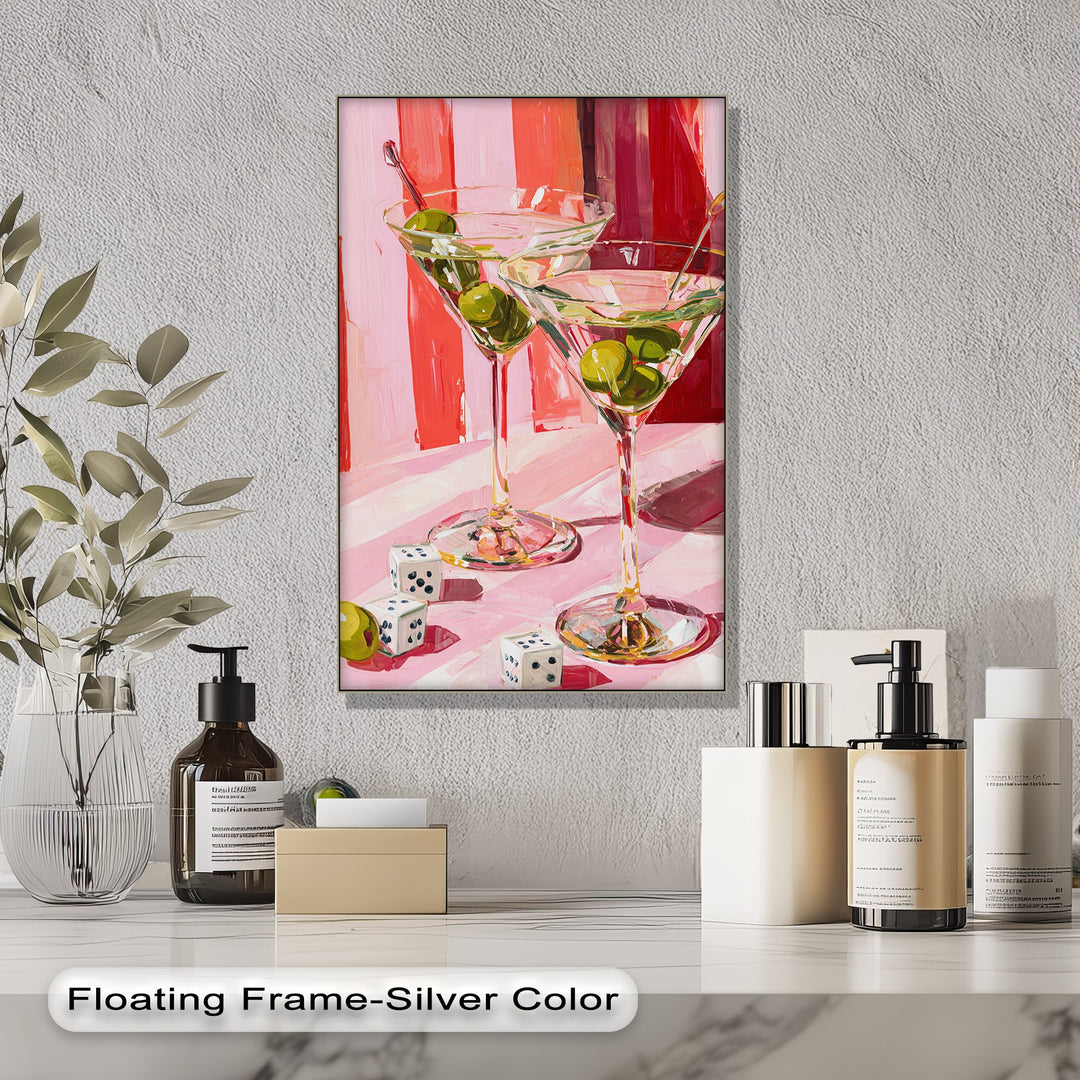 Highlighting the layering effect, this pink martini cocktail canvas print features a vibrant composition of overlapped hues in stylish canvas art prints.