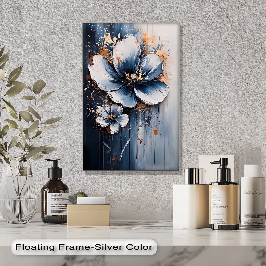 Electric Midnight Bloom – Blue and White Abstract Floral Canvas Print